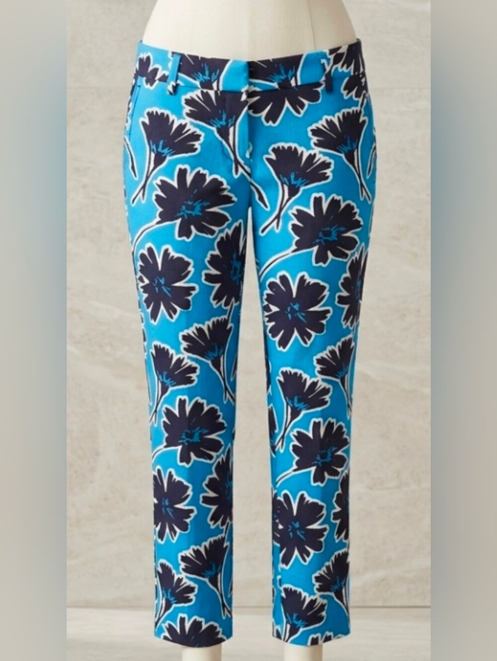 J.Crew Women's Petite 0 Blue Black Floral Stretch Pants Slim Fit Cropped Casual